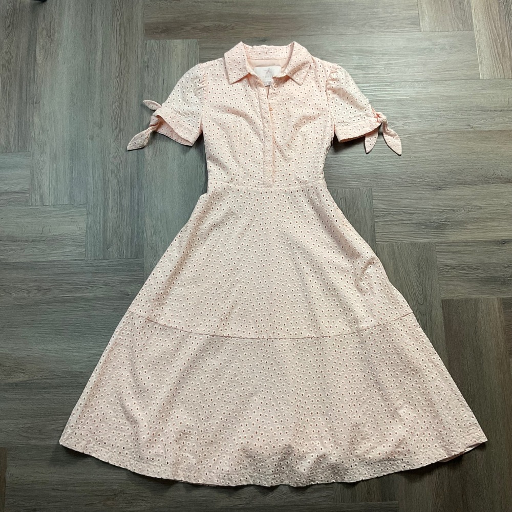 Gal Meets Glam Judith Floral Eyelet Midi Tie Sleeve Cotton Dress Womens 00‎ Pink
